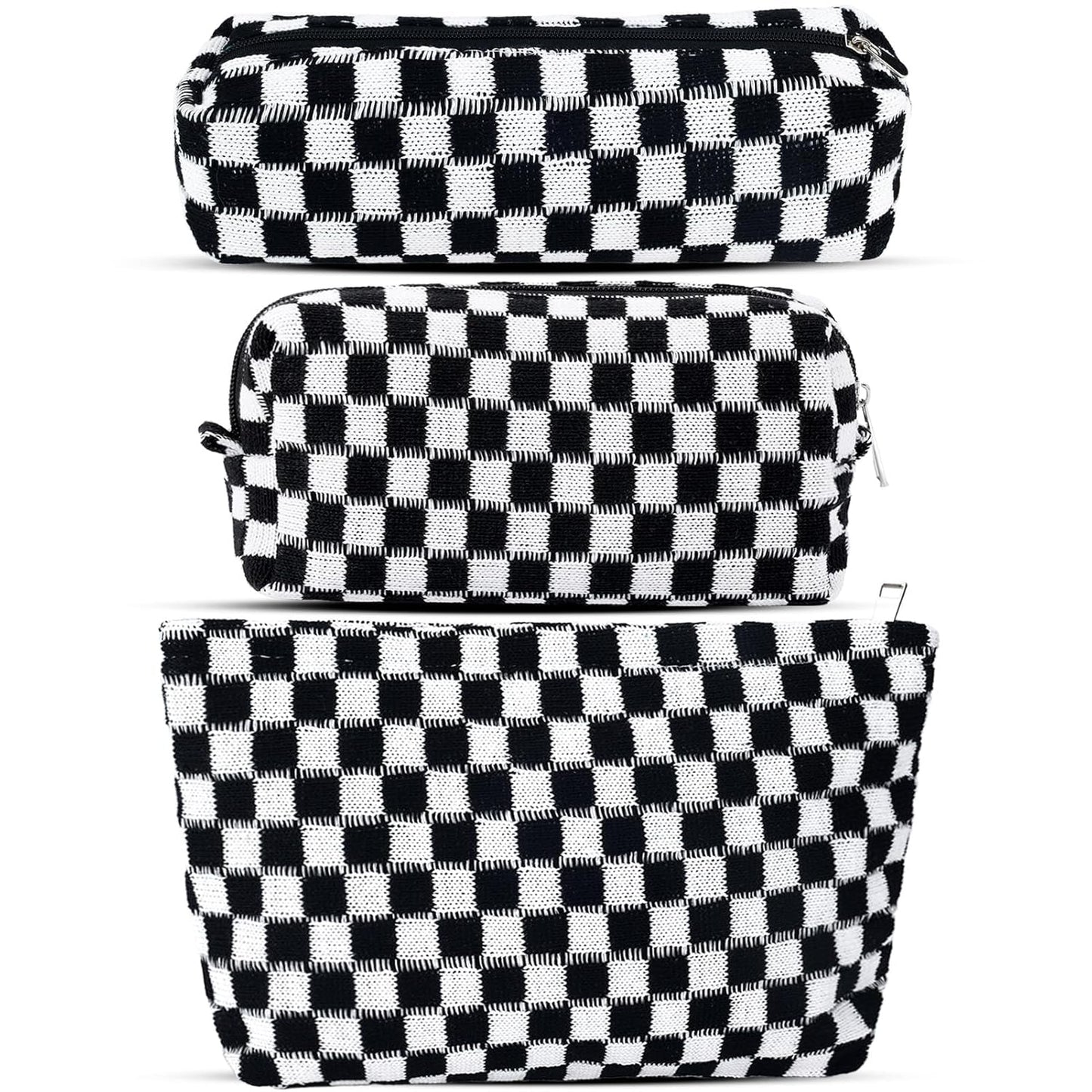 ZLFSRQ 3Pcs Checkered Makeup Bag for Women Large Small Checkered Cosmetic Bag Set Aesthetic Preppy Pencil Case Cute Pencil Pouch Black Makeup Pouch for Purse Travel Toiletry Bags Zipper Skincare Bags