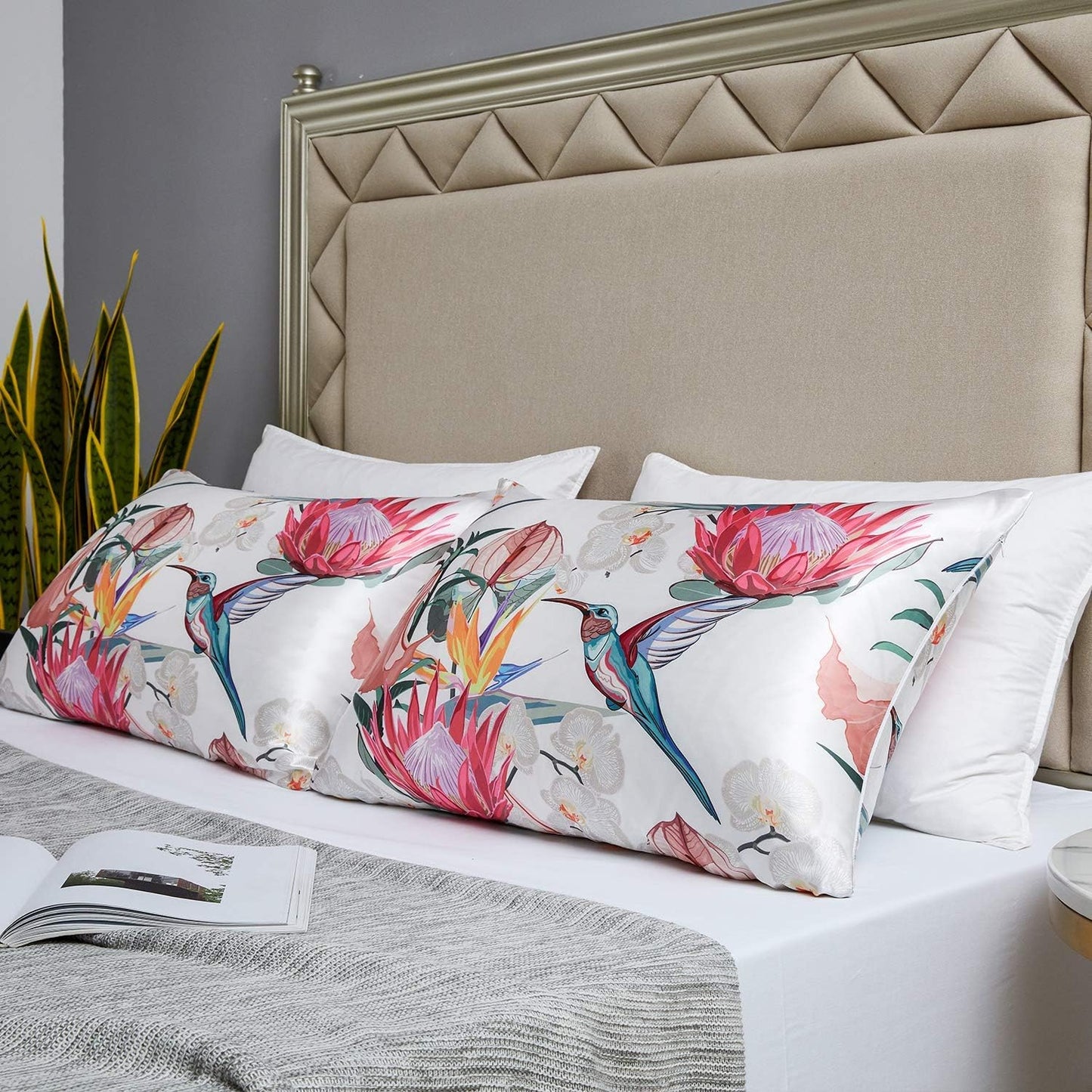 MR&HM Satin Pillowcase for Hair and Skin, Silk Satin Pillowcase 2 Pack, King Size Pillow Cases Set of 2, Silky Pillow Cover with Envelope Closure (20x40, Floral Bird)