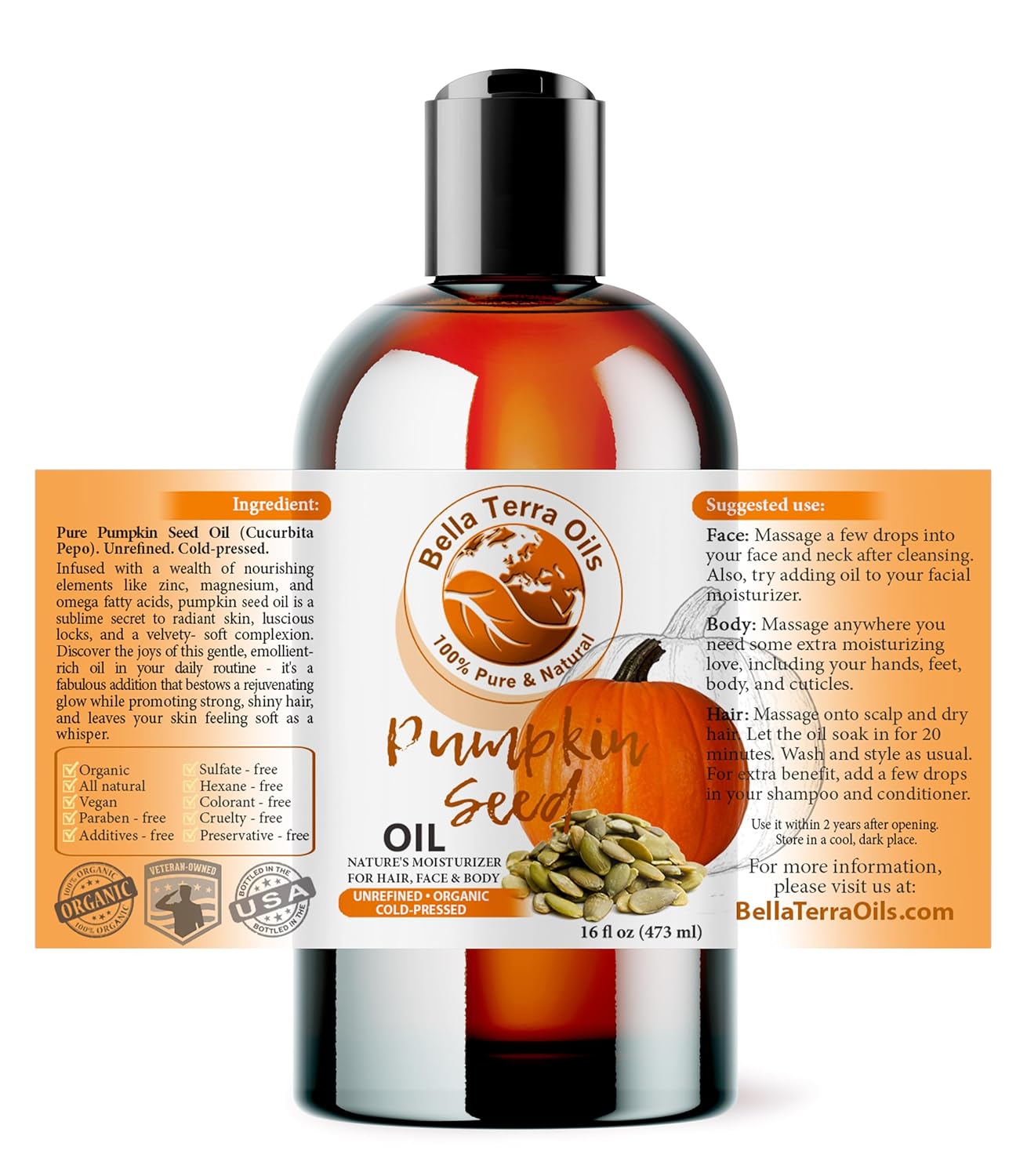 Bella Terra Oils - Organic Pumpkin Seed Oil 16oz - An Ode to Organic Pumpkin's Nutrient Array, Packed with Cucurbitin & Essential Amino Acids, A Skin's Cherished Elixir