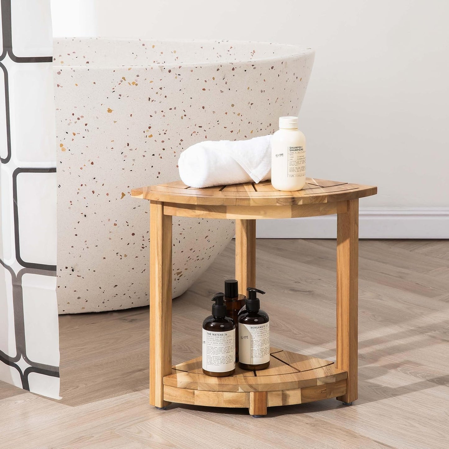 Acacia Corner Shower Stool, Waterproof Spa Foot Rest & Bath Bench with Storage Shelf & Soap Dish, Ideal for Bathroom, Shaving Legs, or as Small Corner Table/Step Stool (Light Natural)