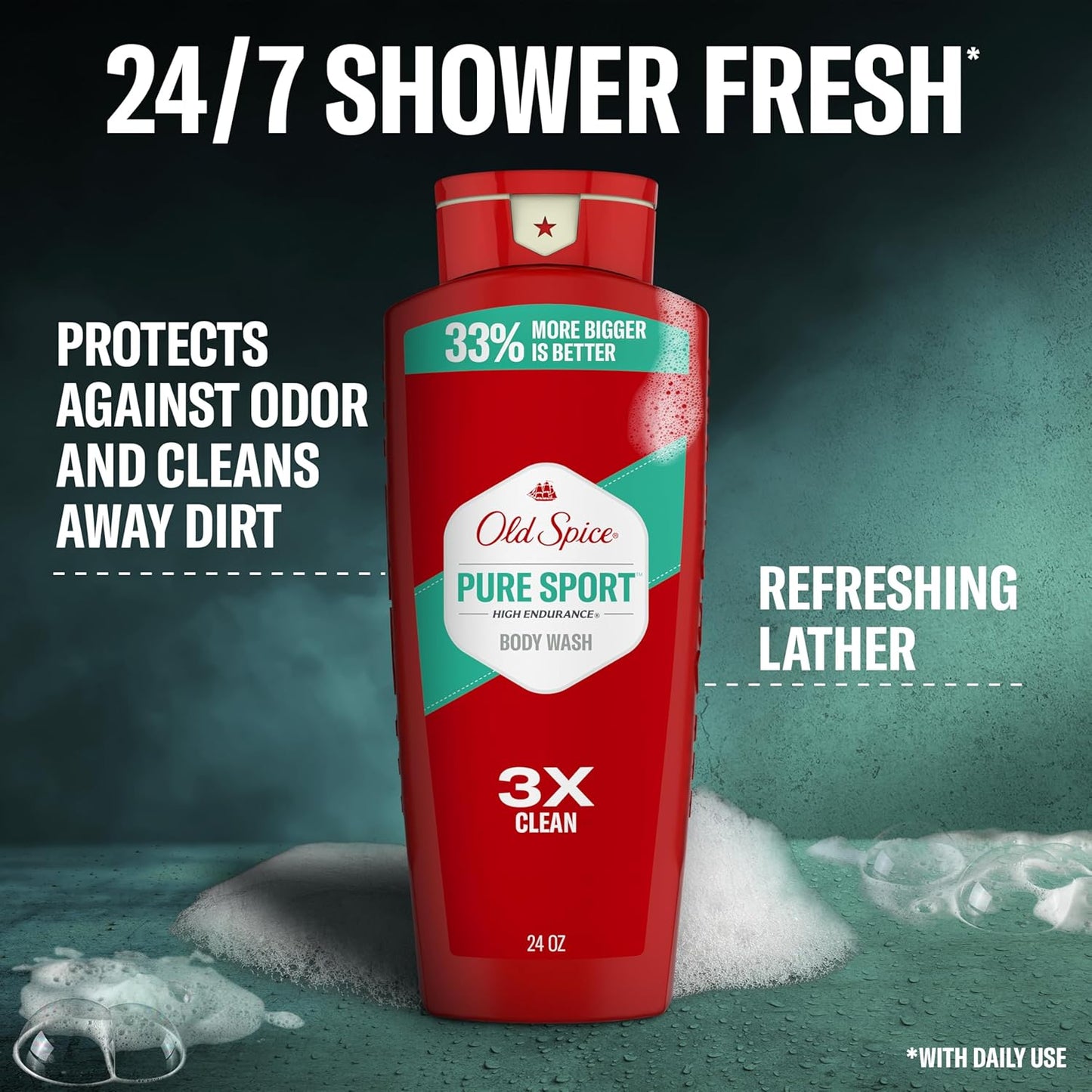 Old Spice Refreshing Body Wash for Men, High Endurance, 3X Defense, 24/7 Shower Fresh with Long Lasting Scent, Pure Sport Scent, 24 oz (Pack of 4)