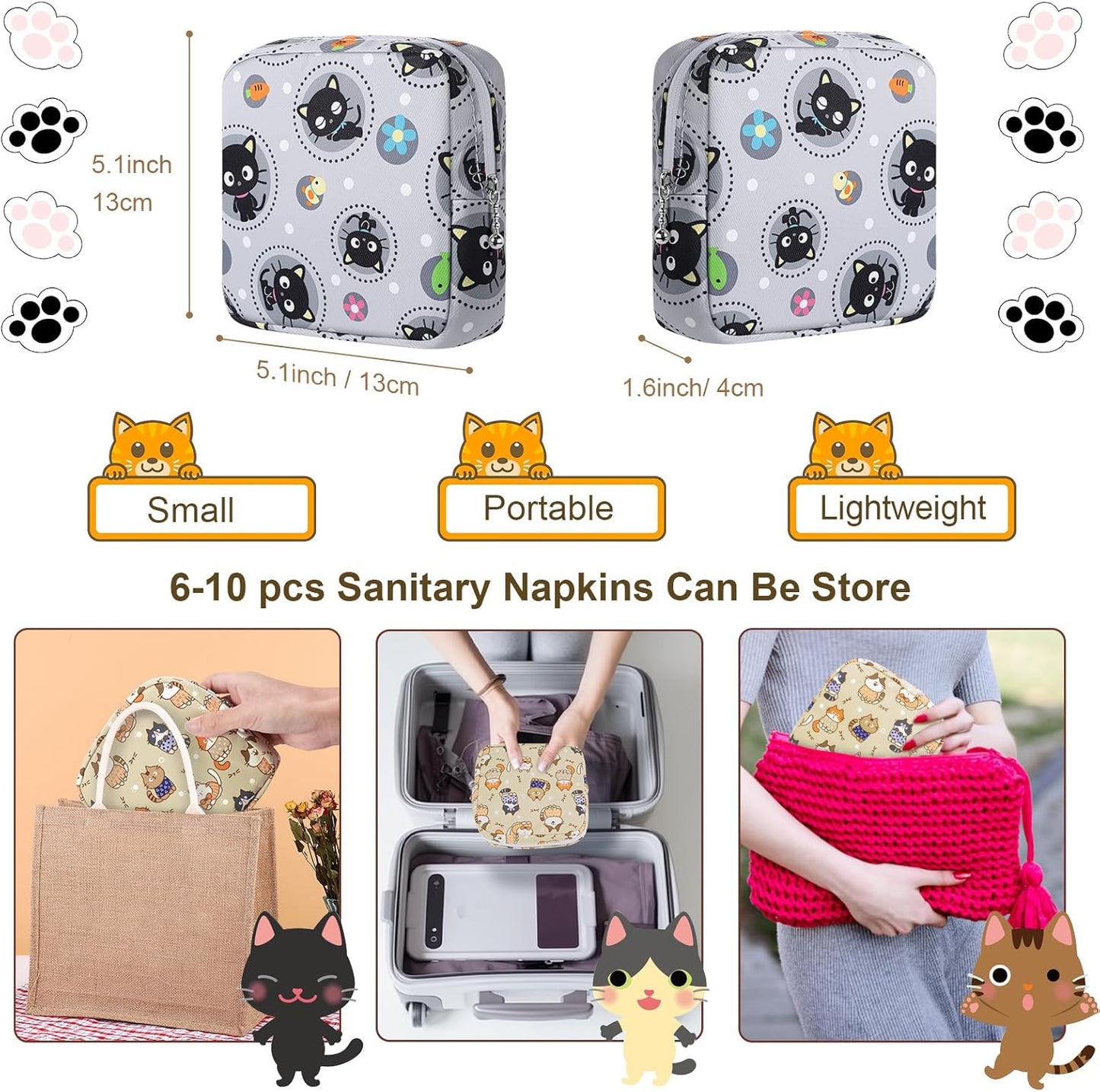 Period Bag Pouch, Canvas Sanitary Napkin Storage Bag for Girls Womens, Portable Sanitary Napkin Period Pad Pouch for Purse, Small Make Up Bags(Gray Cat)