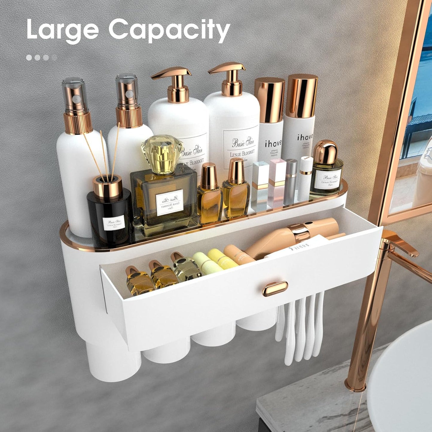 iHave Toothbrush Holders for Bathrooms, 4 Cups Toothbrush Holder Wall Mounted with Large Capacity Drawer and Tray - Bathroom Storage & Bathroom Organizer