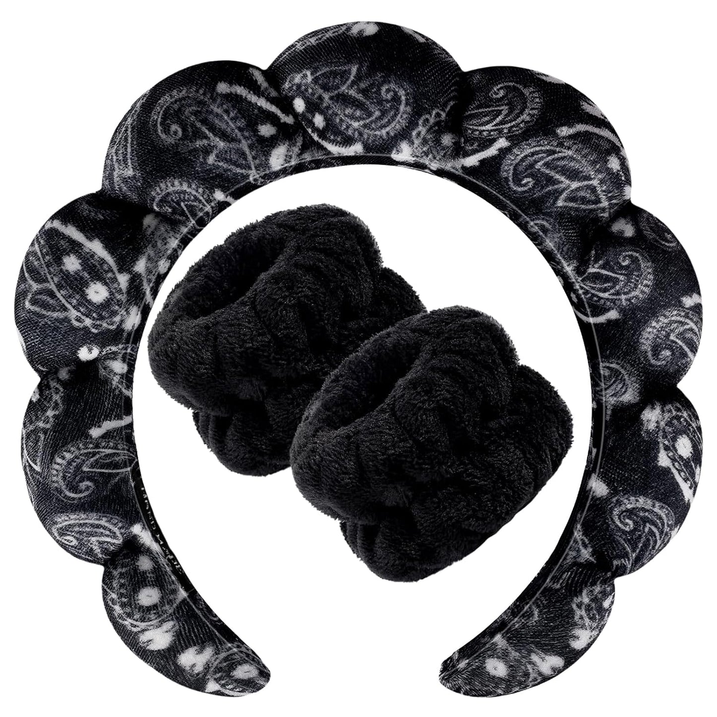 Zkptops Spa Headband for Washing Face Wristband Set Sponge Makeup Skincare Velvet Fabric Bubble Soft Get Ready Hairbands for Women Puffy Headwear Non Slip Thick Thin Hair Accessory(Black Large Nuts)