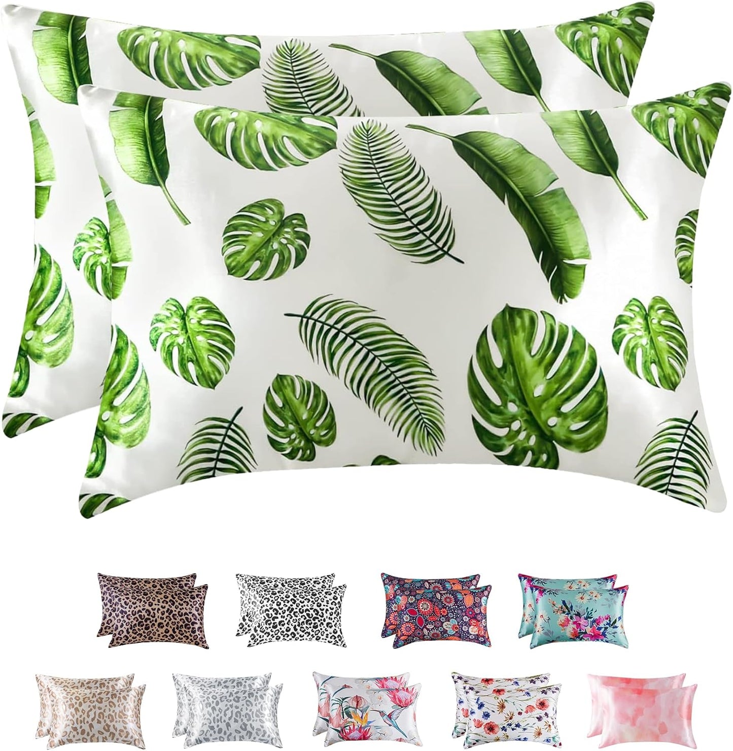 MR&HM Satin Pillowcase for Hair and Skin, Silk Satin Pillowcase 2 Pack, King Size Pillow Cases Set of 2, Silky Pillow Cover with Envelope Closure (20x36, Leaves)