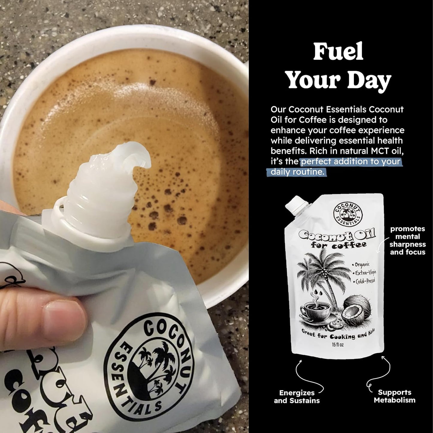 Coconut Essentials - Organic Coconut Oil for Coffee, Cold-Pressed, MCT Oil for Weight Loss, Brain & Digestive Health, Keto-Friendly, Natural Slim, 1 Pouch, 15 fl oz