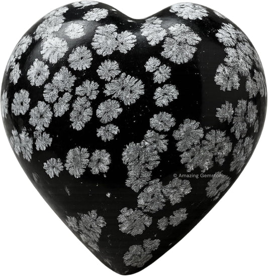 Amazing Gemstone Snowflake Obsidian Crystal Heart Palm Stone - Pocket Massage Worry Stone for Natural Body Chakra Balancing, Reiki Healing and Crystal Grid