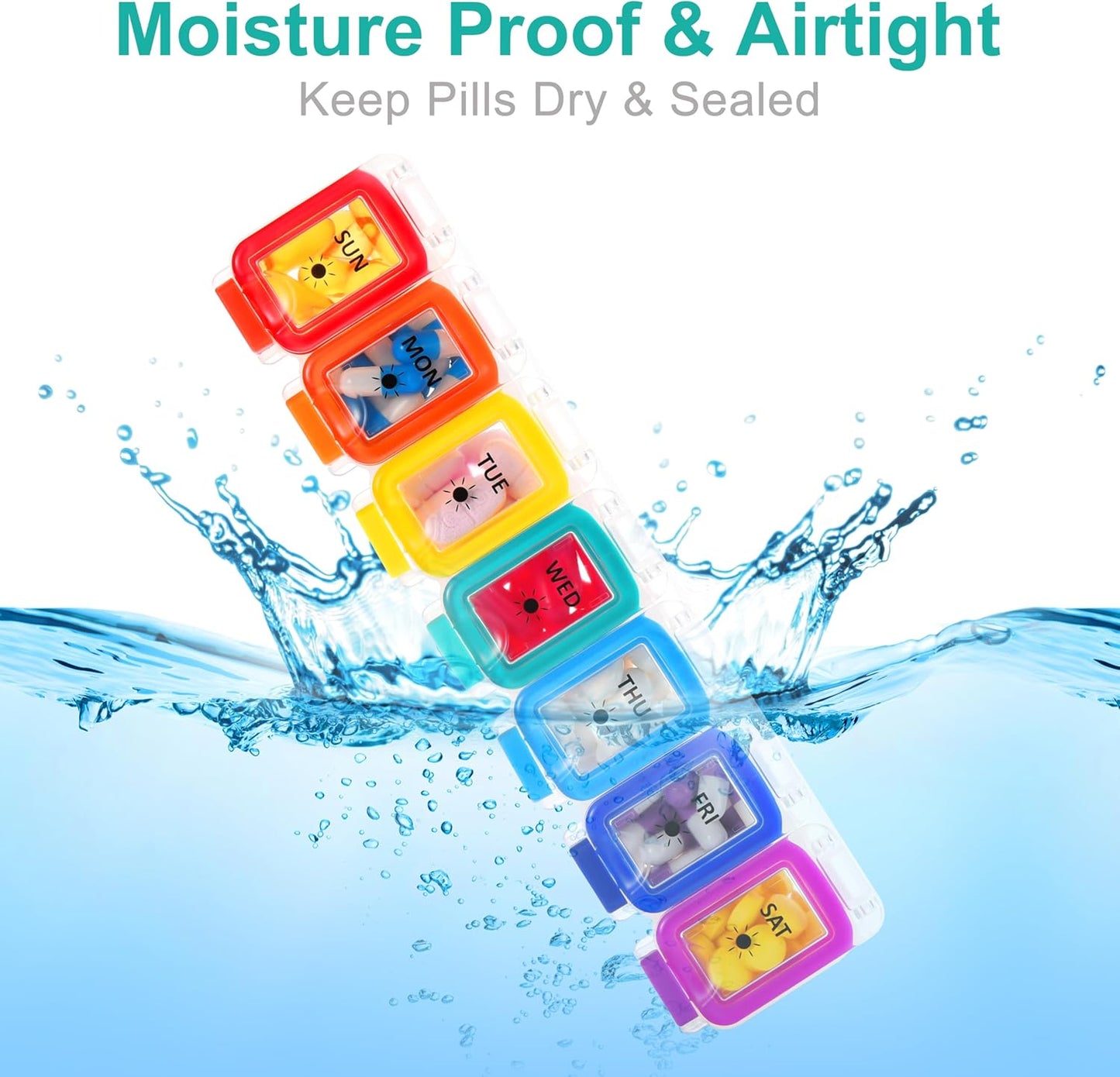 Fullicon Moisture Proof Pill Organizer 2 Times a Day, Large Pill Box 7 Day, Spill Proof Pill Case, Travel Pill Container, Medicine Pill Organizer with Secure Lids, Daily Pill Organizer (Rainbow Clear)