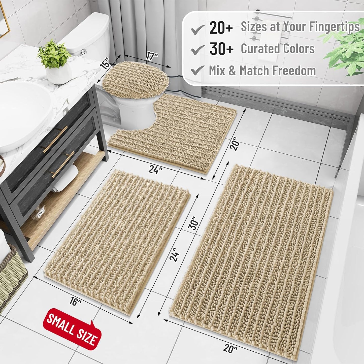 Arotive Luxury Chenille Bathroom Rug Mat, Extra Soft Thick Absorbent Shaggy Bath Rugs, Non-Slip Machine Wash Dry, Plush Bath Mats for Bathroom, Shower and Tub, 47x20, Beige