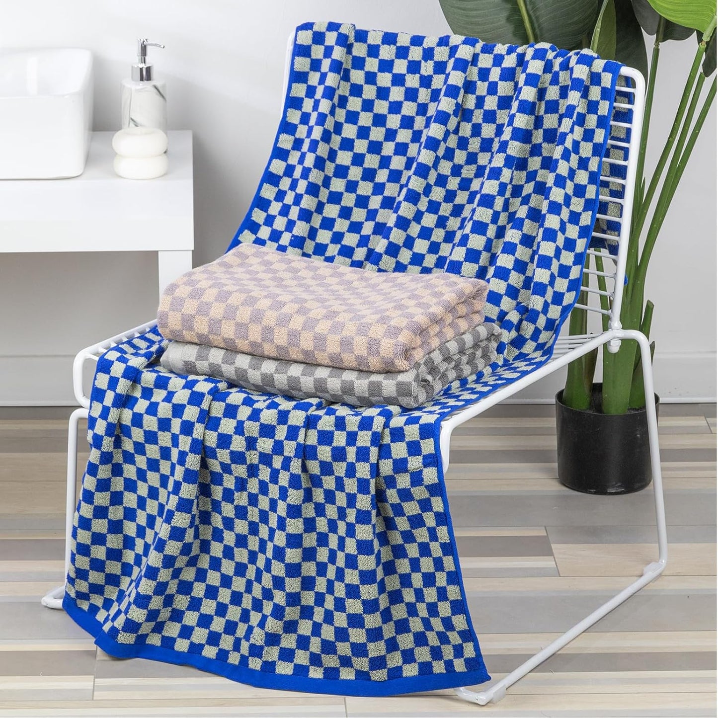 Checkered Bath Towel Set of 3, 100% Cotton Bath Towels Large, 520GSM, 55.12"*27.56", Luxury Shower Towels for Bathroom, Soft Absorbent Quick-Dry（Midnight Blue+Brown+Grey）