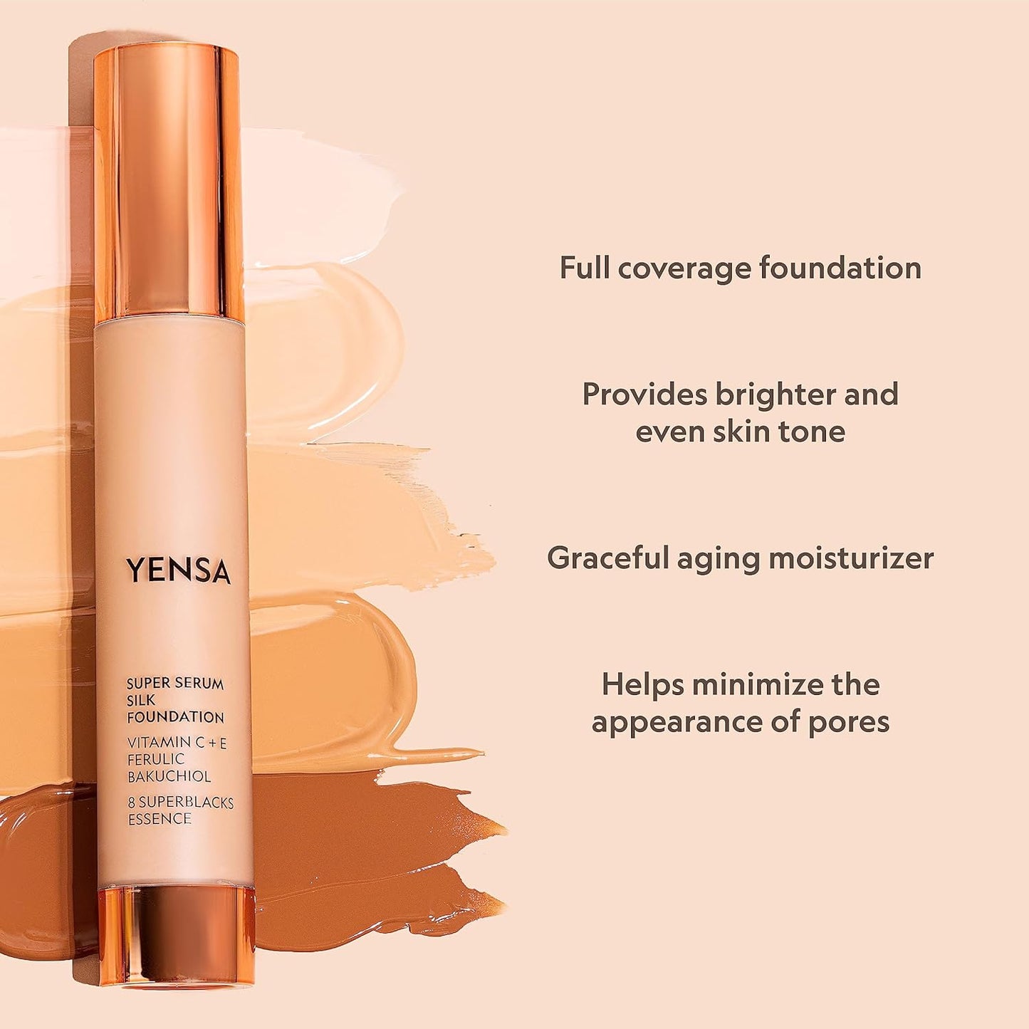 YENSA Serum Foundation Makeup - Super Silk Full Coverage Foundation Enriched with Peptides, Vitamin C & Ferulic Acid to Help Reduce Fine Lines, Wrinkles & Dark Circles - Deep 3 (1 oz)