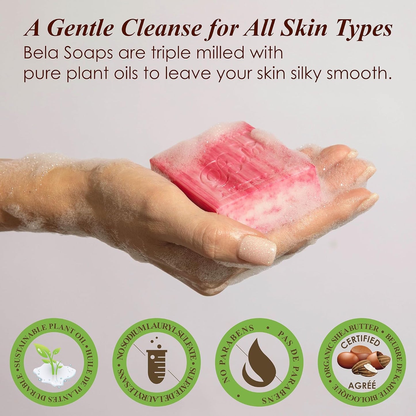 BELA Pomegranate Soap 3.3 OZ Pack of 6, Long Lasting French Triple Milled Bar Soap with Organic Shea Butter, Hand, Face and Body Wash Bar, Made in Australia