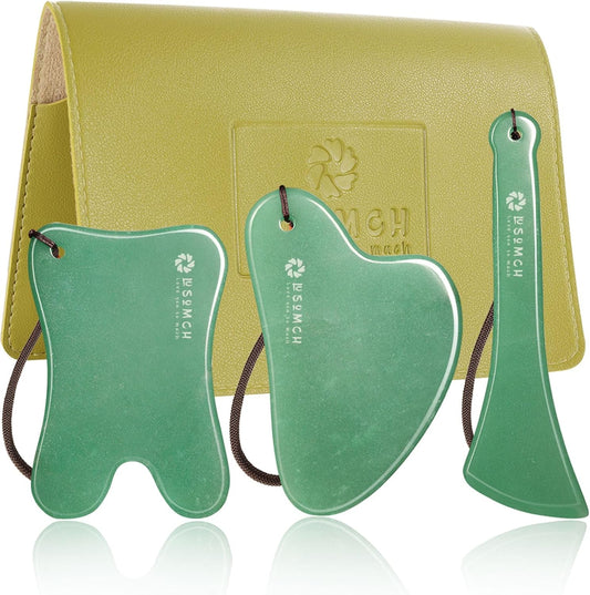 Gua Sha Tools 3 Pcs Natural Jade Gwashah Stone Instead of Stainless Steel Gua Sha Kit Anti-Drop Design, Smooth Massage Stones for Face,Neck,Jaw and So on Spa Tool for Everyone