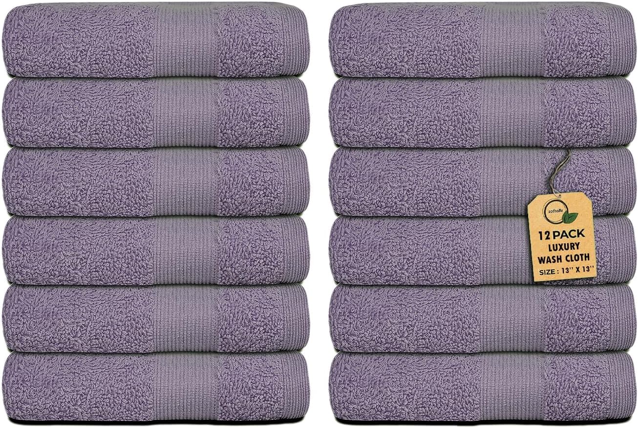 Premium Wash Cloths Pack of 12 (13" x 13") 100% Ring Spun Cotton | Luxury Washcloths | Ultra Soft Face Towels | Highly Absorbent Wash Cloths for face (Purple Ash)