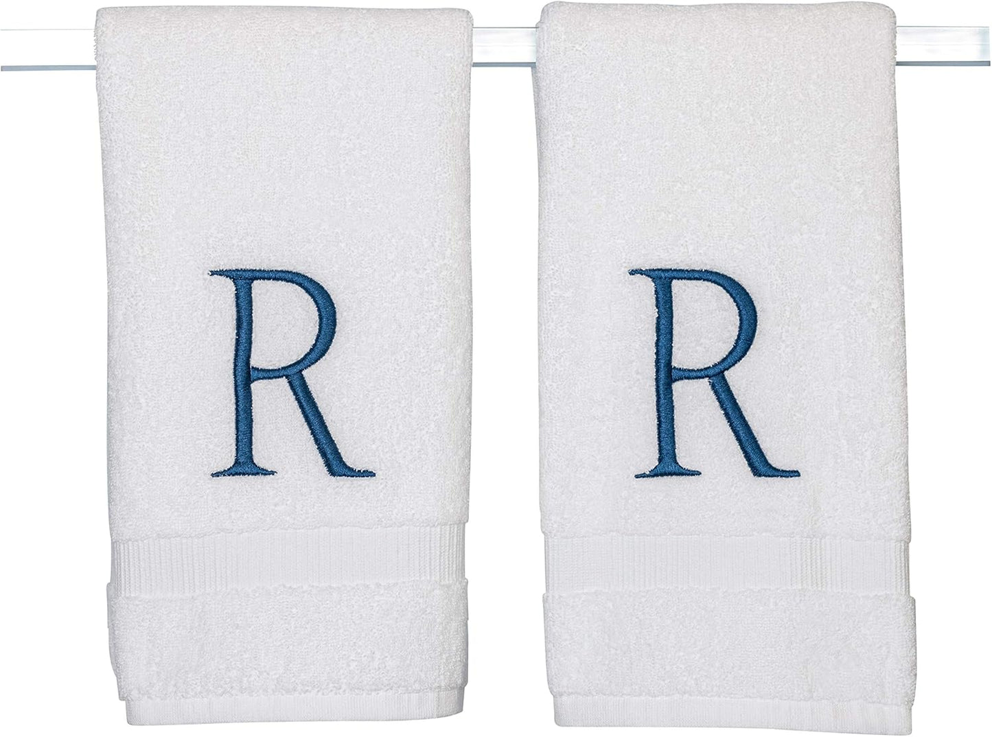 Monogrammed Hand Towels for Bathroom - Luxury Hotel Quality Personalized Initial Decorative Embroidered Bath Towel for Powder Room, Spa - GOTS Organic Certified - Set of 2 Navy Letter R