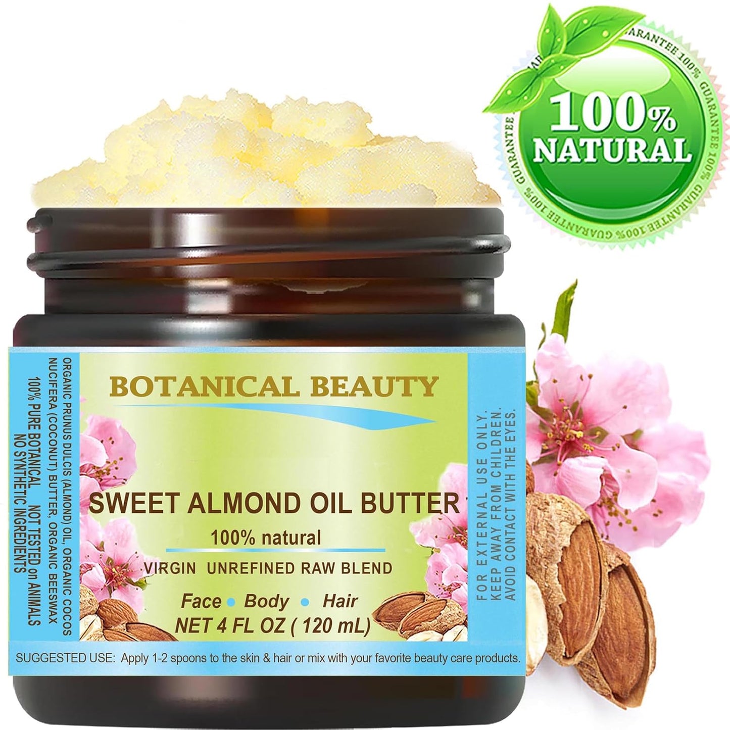 Botanical Beauty SWEET ALMOND OIL BUTTER Pure Natural Virgin Unrefined RAW for FACE, SKIN, BODY, DAMAGED HAIR, NAILS. (4 Fl Oz)