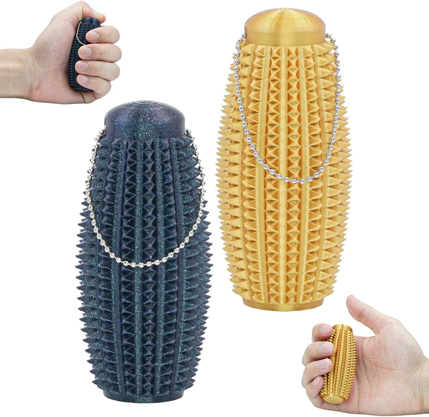 2 Pack Pain Stim Fidget Roller for Adults and Teens Spiky Sensory Hand Toy for Stress and Anxiety Relief, 3D Printed Discreet Keychain Fidget for Focus and Tactile Engagement(Black+Gold)