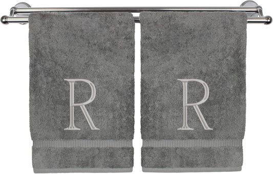 Monogrammed Hand Towel, Personalized Initial Gift, Extra Absorbent 100% Turkish Cotton - Soft Terry Finish - Set of 2 - Silver Block Initial R - Embroidered on Grey Towels