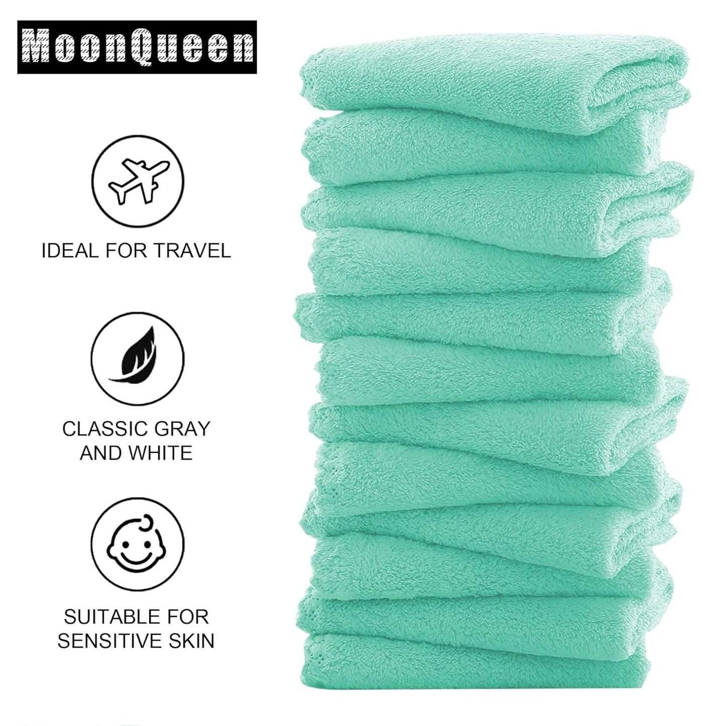 MOONQUEEN Microfiber Facial Cloths Fast Drying Washcloth 12 Pack - Premium Soft Makeup Remover Cloths - Aqua Green