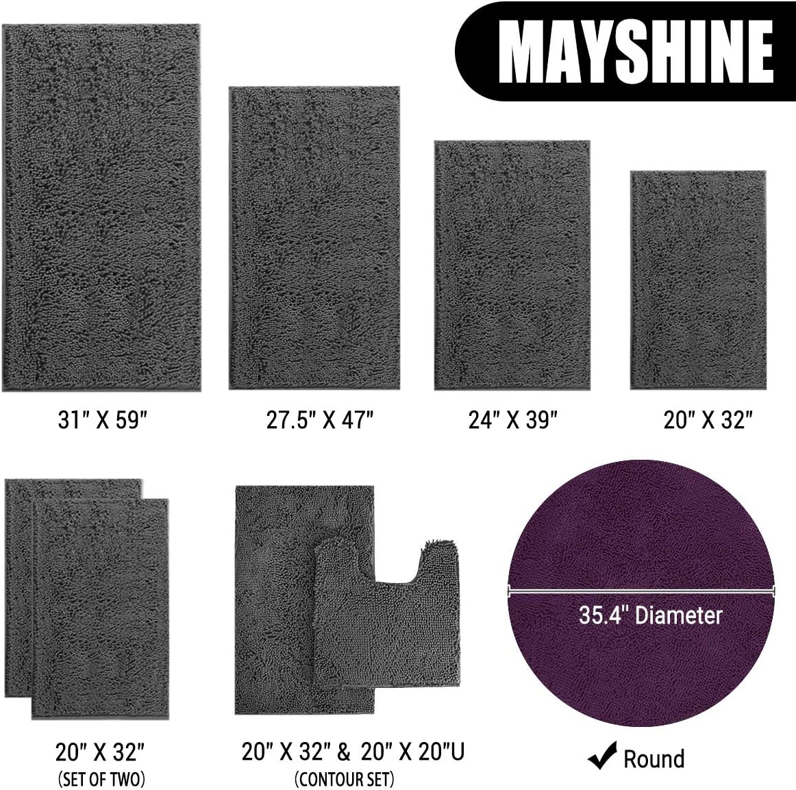 MAYSHINE Round Area Rug Set for Bathroom | Soft Plush Chenille Bath Mat, Water Absorbent Non-Slip Bathroom Rug | Washable Shag Carpet for Shower, Bedroom, or Home Décor | 36"x36" (Round) | Plum