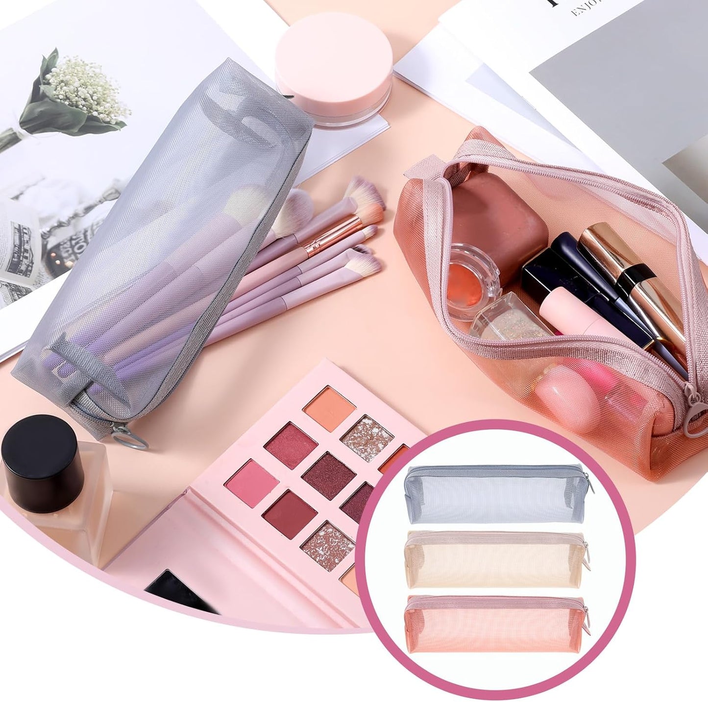 3PCS Mesh Makeup Brush Bag, Mesh Zipper Pouch Bags 7" Portable Travel Cosmetic Bag Square Pencil Case Organizer Stationery Storage Bags for Home Office Supplies Cosmetics Makeup Travel Accessories