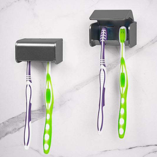 2 PCS Toothbrush Holder Wall Mounted with Cover for Bathroom, 2 Slots Toothbrush Storage Organizer for Shower, Self Adhesive Toothbrush Hanger Rack for Dorm, Cabinet (Brushed Grey)