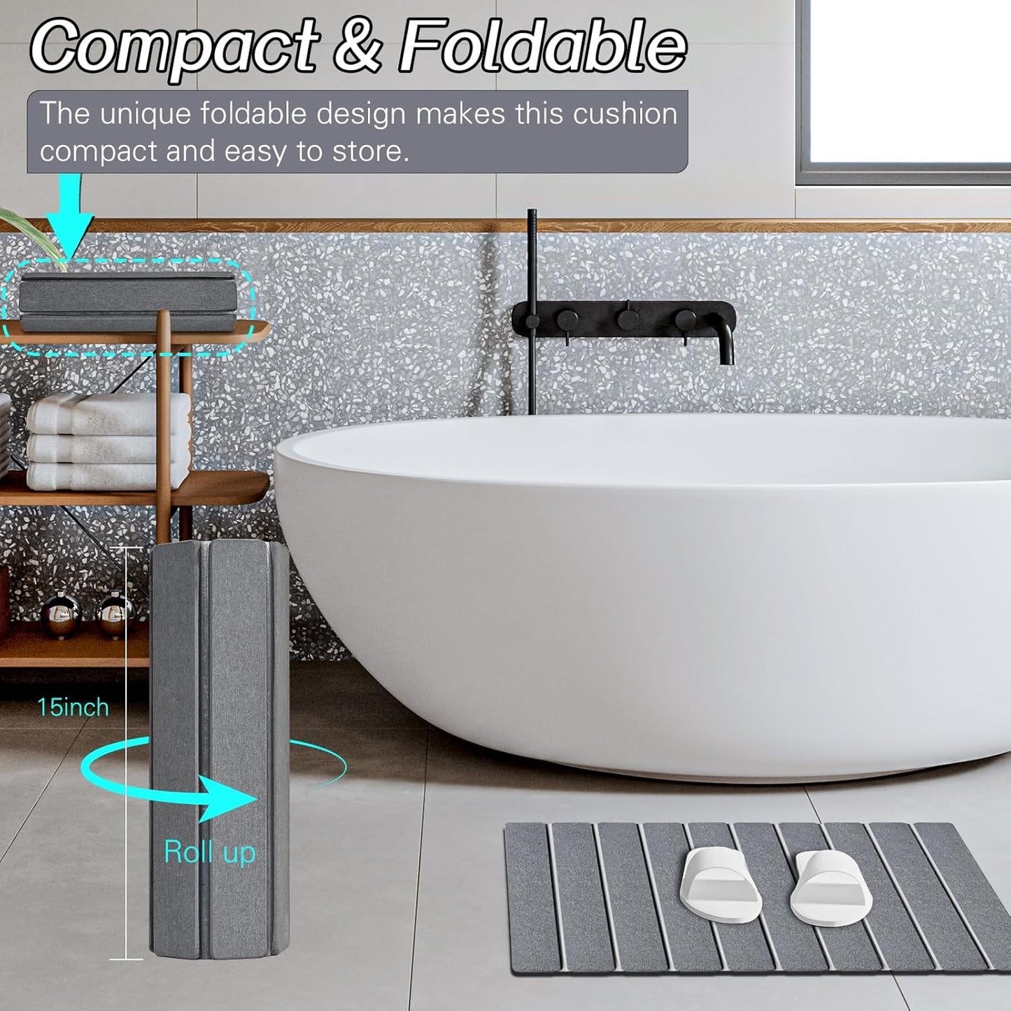 2 Pack Foldable Stone Bath Mats, Gray Super Absorbent Diatomaceous Earth Bath Rug, Non-Slip Shower Mat, Quick-Drying Bath Rug and Drying Mat for Tub and Shower