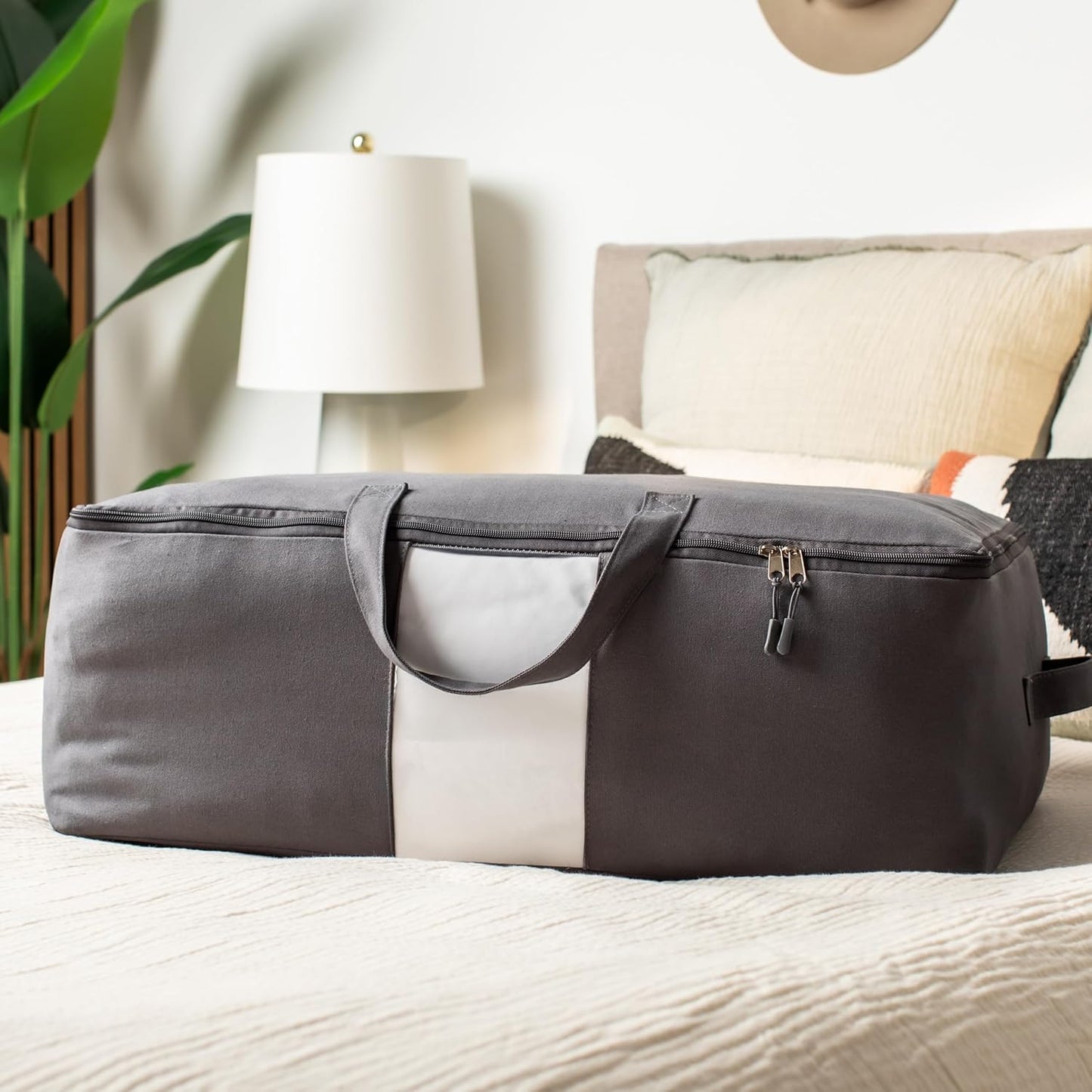 Soft Canvas Storage Bags with Zipper. Thick Breathable, 1pc King/Queen Comforter Organizer. Four Carrying Handles and Window. Large 25x19x9in Bag for Sheets Blankets Bedding Pillows, Clothes (Grey)