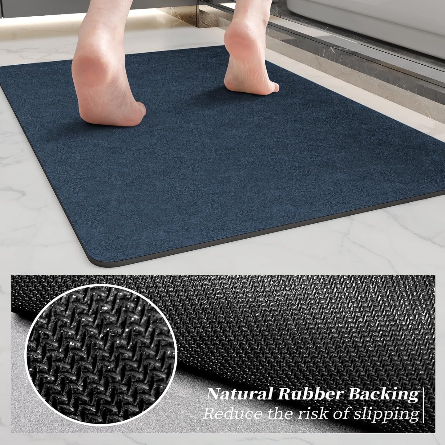 Bathroom Mat Rugs 47x17, Long Diatomaceous Earth Bath Mat Large Quick Dry Bath Mat Non Slip Rubber Backed Super Absorbent Shower Mat, Thin Bathroom Runner Rugs Floor Mat Fit Under Door, Navy Blue