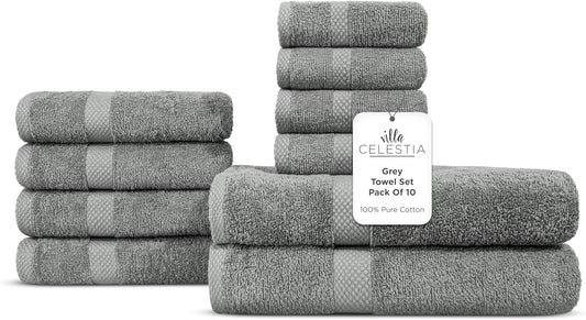 100% Combed Cotton Bathroom Towel Set of 10- 2 Bath Towels, 4 Hand Towels, 4 Wash Cloths, Sustainable, Soft, Highly Absorbent 10 Piece Cotton Bath Towel Set Ideal for Hotels, Spa, Bathroom, Dorm, Grey