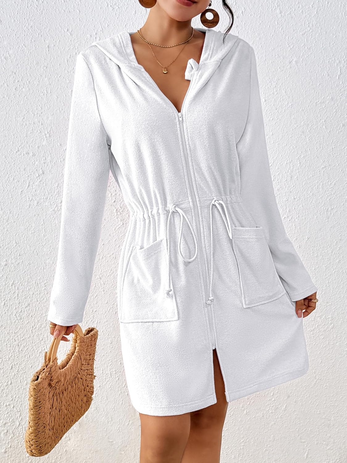 Bsubseach Terry Cloth Cover Up - Women Zip Up Long Sleeve Swimsuit Coverup Hooded Bath Robes with Pockets