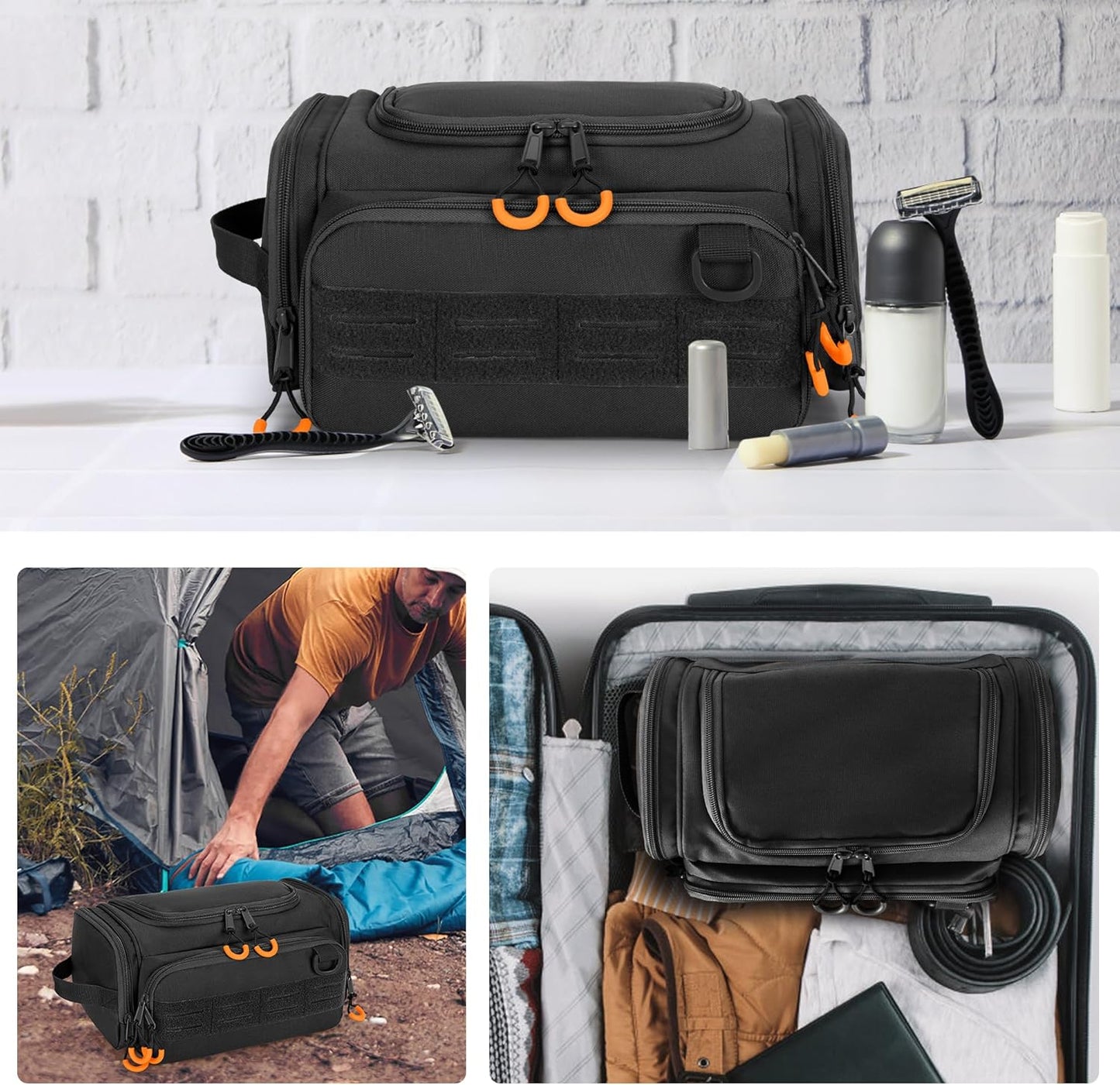 Tactical Toiletry Bag for Men, Hanging Hygiene Bag, Travel Dopp Kit Organizer for Shaving, Shower Essentials and Toiletries, Black (Empty Bag)