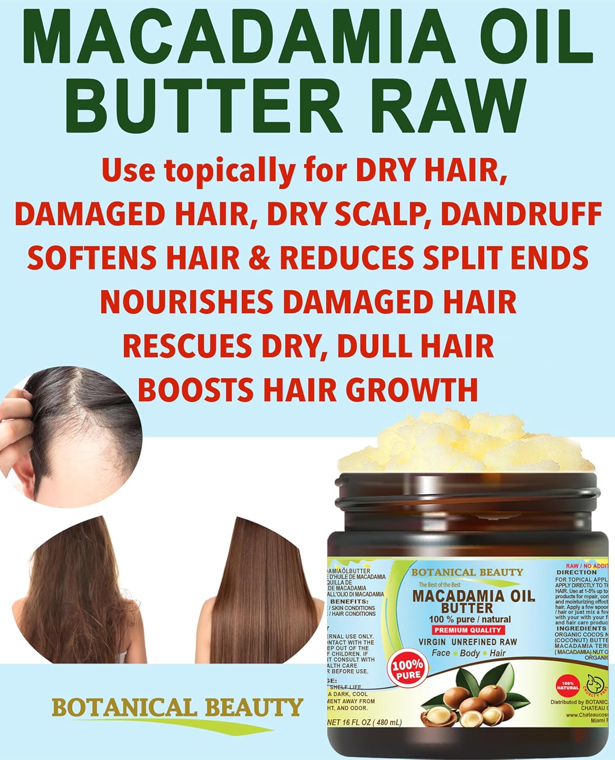 Botanical Beauty MACADAMIA OIL BUTTER 100% Pure Natural VIRGIN UNREFINED Cold-Pressed for Face, Skin, Body, Hair, Lip, Nails. Rich in Vitamin E, Omega 3, Omega 6 (4 Fl Oz)