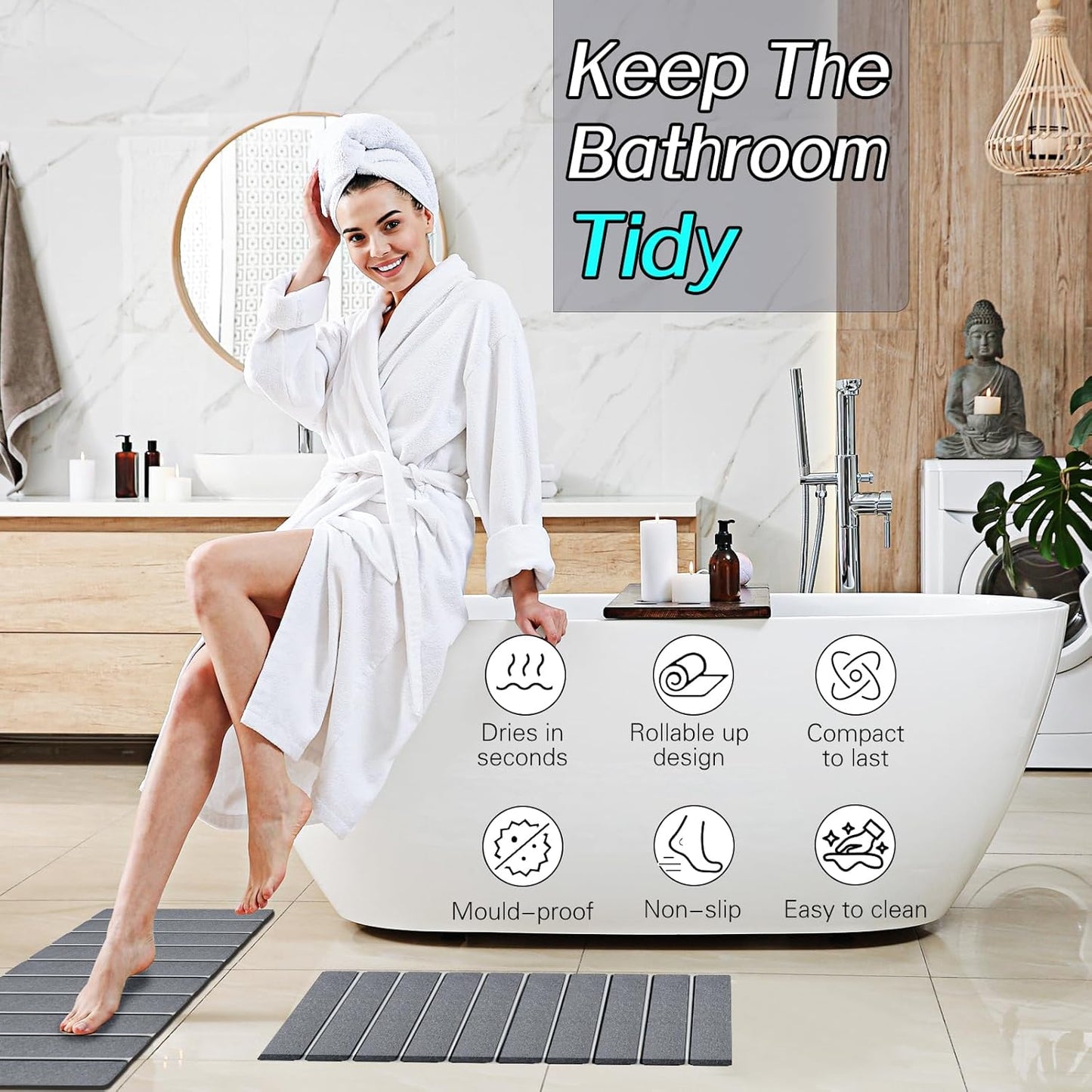 2 Pack Foldable Stone Bath Mats, Gray Super Absorbent Diatomaceous Earth Bath Rug, Non-Slip Shower Mat, Quick-Drying Bath Rug and Drying Mat for Tub and Shower