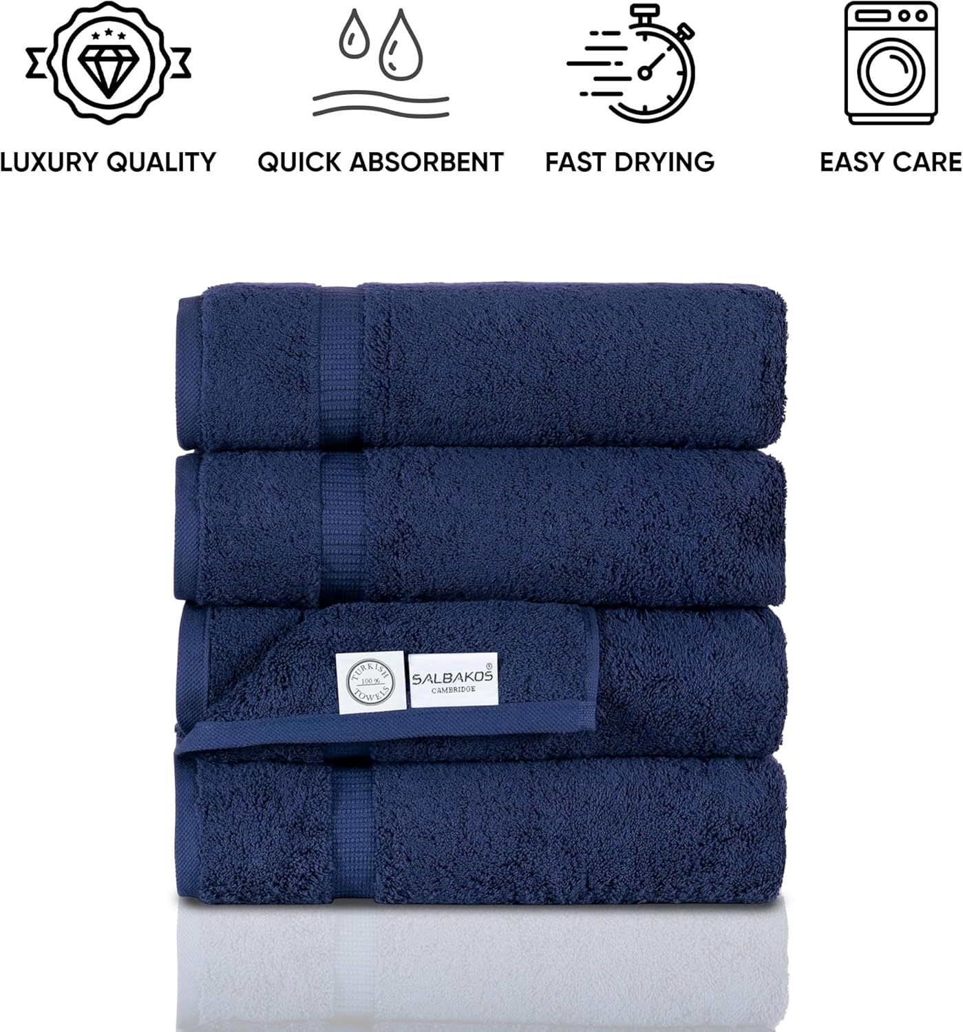 SALBAKOS 100% Turkish Cotton Bath Towel Set of 4 27x54 inch | Heirloom Quality | Hotel & Spa Collection | Ultra Soft, Super Absorbent, Long Lasting Bath Towels | Made in Turkey (Navy, 4 Bath Towels)