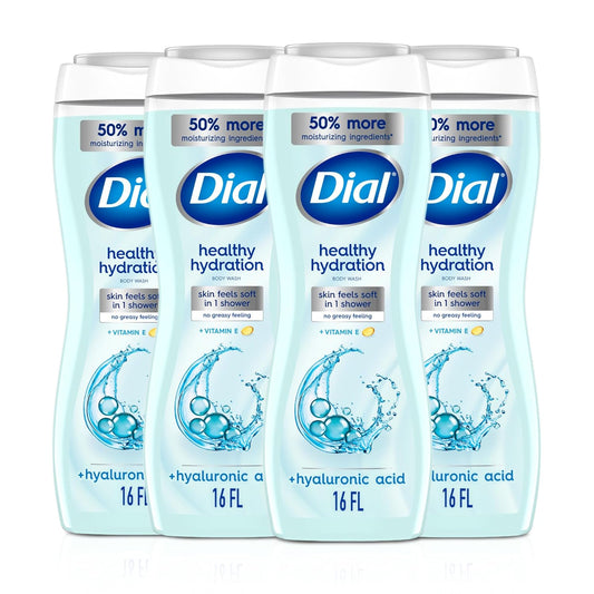 Dial Body Wash, Healthy Hydration, Hyaluronic Acid + Vitamin E, 16 fl oz (Pack of 4), Gentle, Leaves Skin Feeling Soft In 1 Shower, Dermatologist-Tested, No Parabens & Silicones