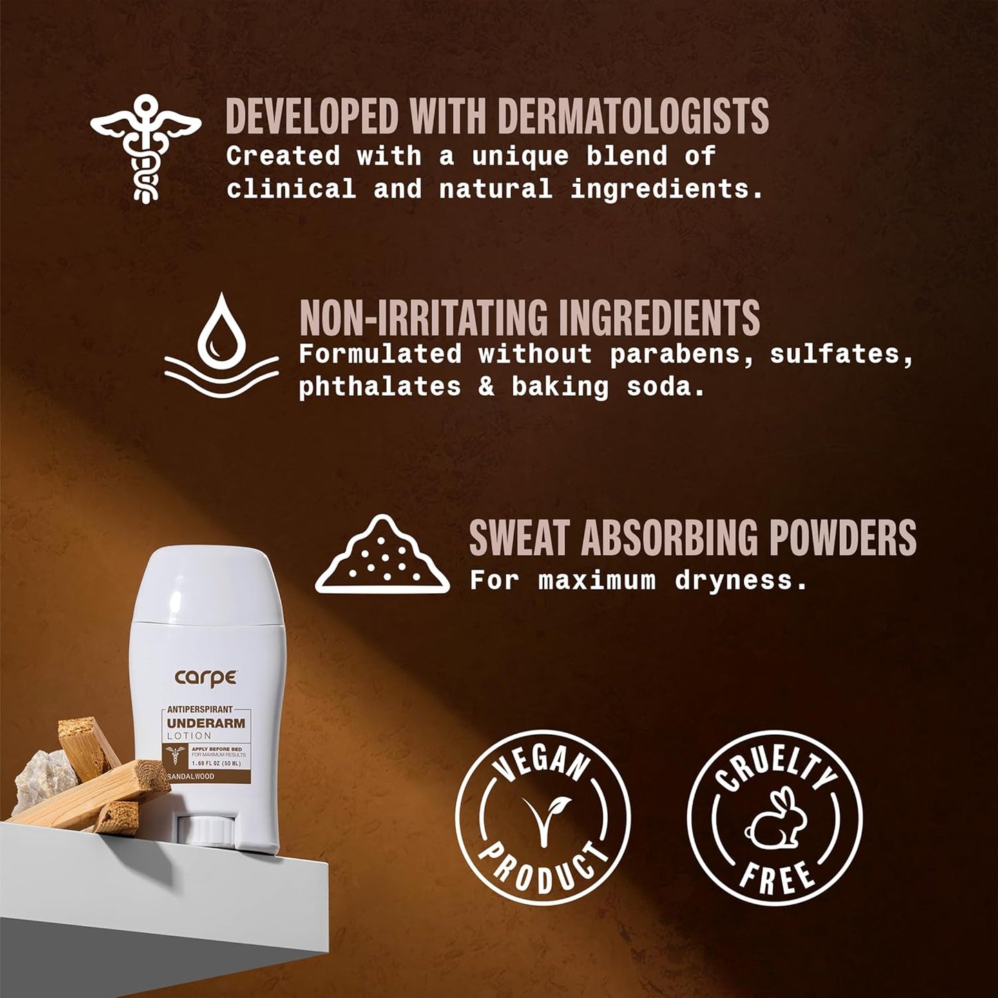 Carpe Underarm Antiperspirant and Deodorant, Clinical strength with Sandalwood scent, Combat excessive sweating Stay fresh and dry, Great for hyperhidrosis (Pack of 3)