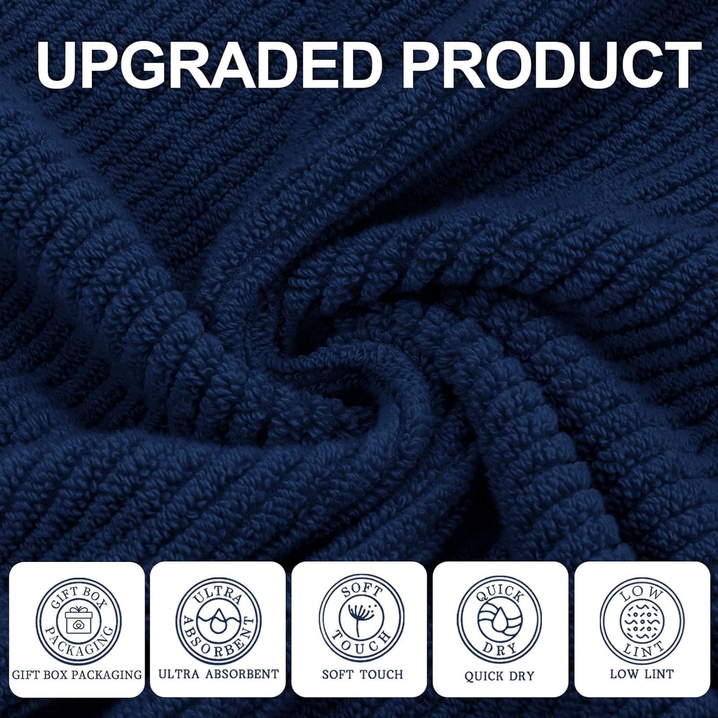 VOOVA & MOVAS Bath Towels - 100% Cotton | Quick Dry | Light Weight | Thick | Soft, Towel Set of 6, 2 Large Bath 30"x56", 2 Hand 18"x28", 2 Washcloths 13"x13", Quick Dry Towel for Shower, Navy Blue
