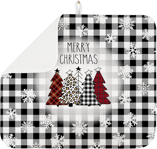 Dish Drying Mat for Kitchen Counter Large 18" x 24" Buffalo Plaid Christmas Tree Absorbent Microfiber Dishes Drainer Rack Mats Pad Reusable Washable