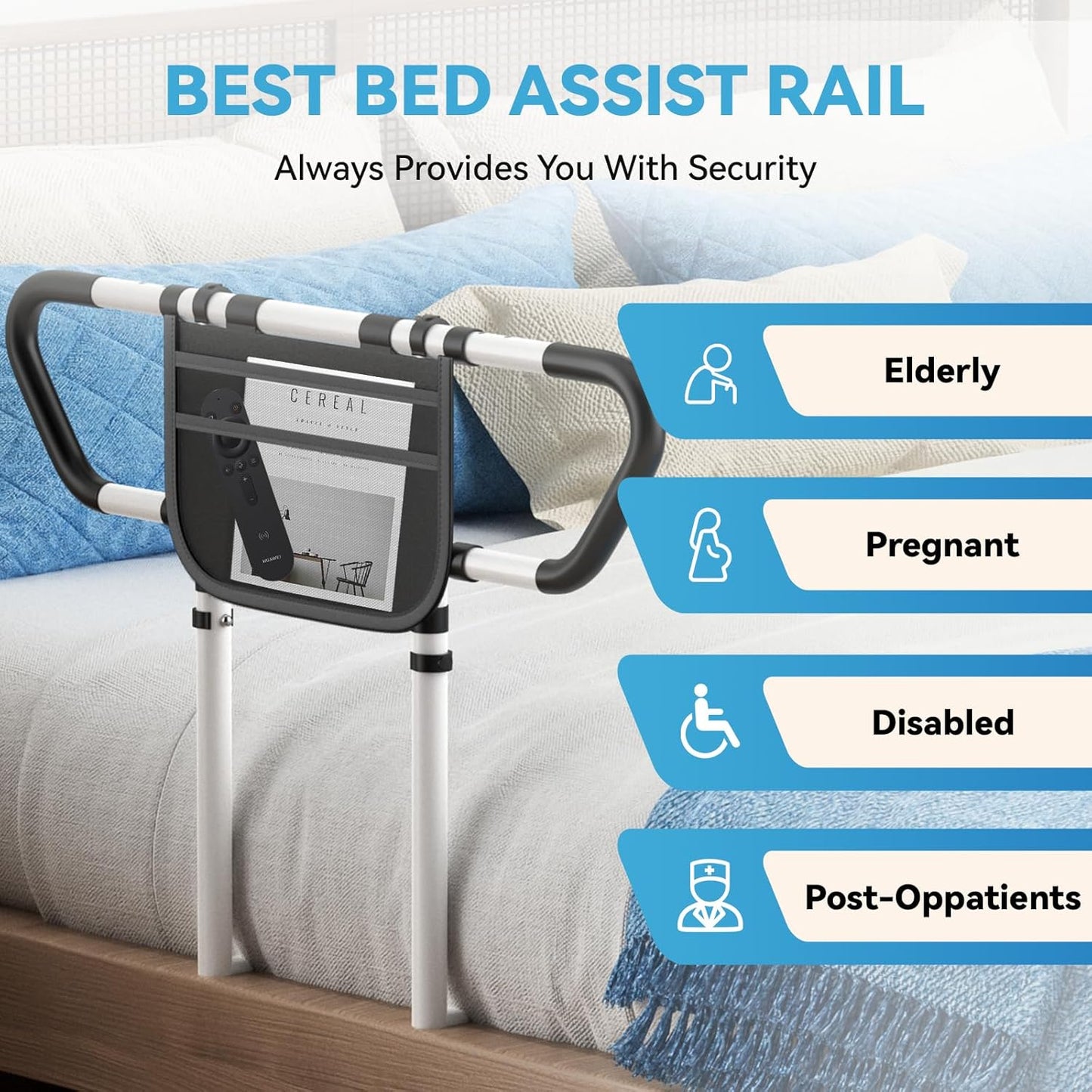 Bed Rails for Elderly Adults Safety, ASTM F3186-17 Certified 400lbs Capacity Adjustable Bed Assist Rail with Storage Bag, Non-Slip Handles - Fits Twin, Full, Queen, King Bed