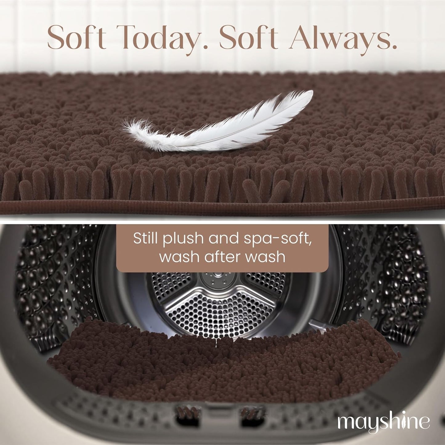 MAYSHINE Plush Shaggy Chenille Bath Mat | Extra Soft, Super Absorbent, Non-Slip Bathroom Rug | Fluffy Microfiber, Area Rug Sets for Bathroom Floor, Kitchen, Living Room | 32"x20" | Brown