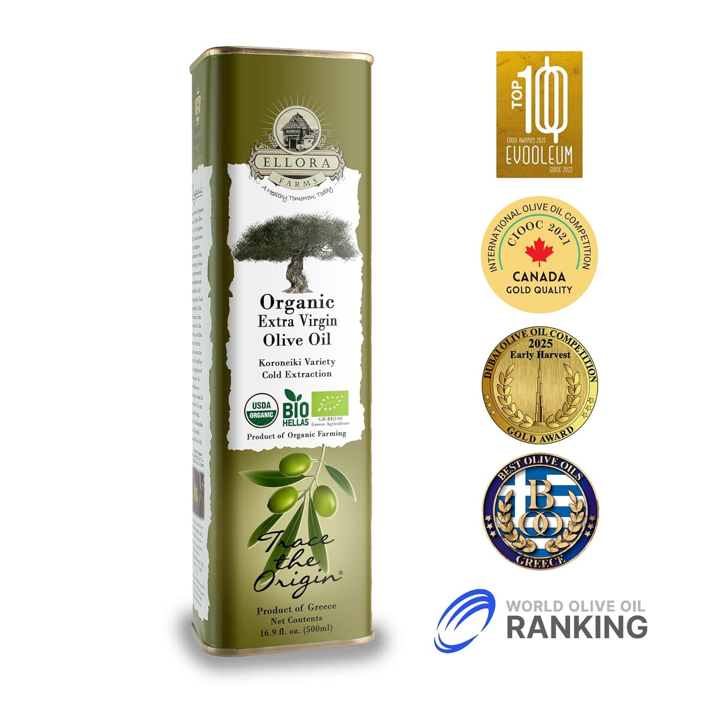 Ellora Farms, Extra Virgin Olive Oil, Organic Cold Press, Traceable Single Origin Olive Oil, Kosher, 17 oz. tin