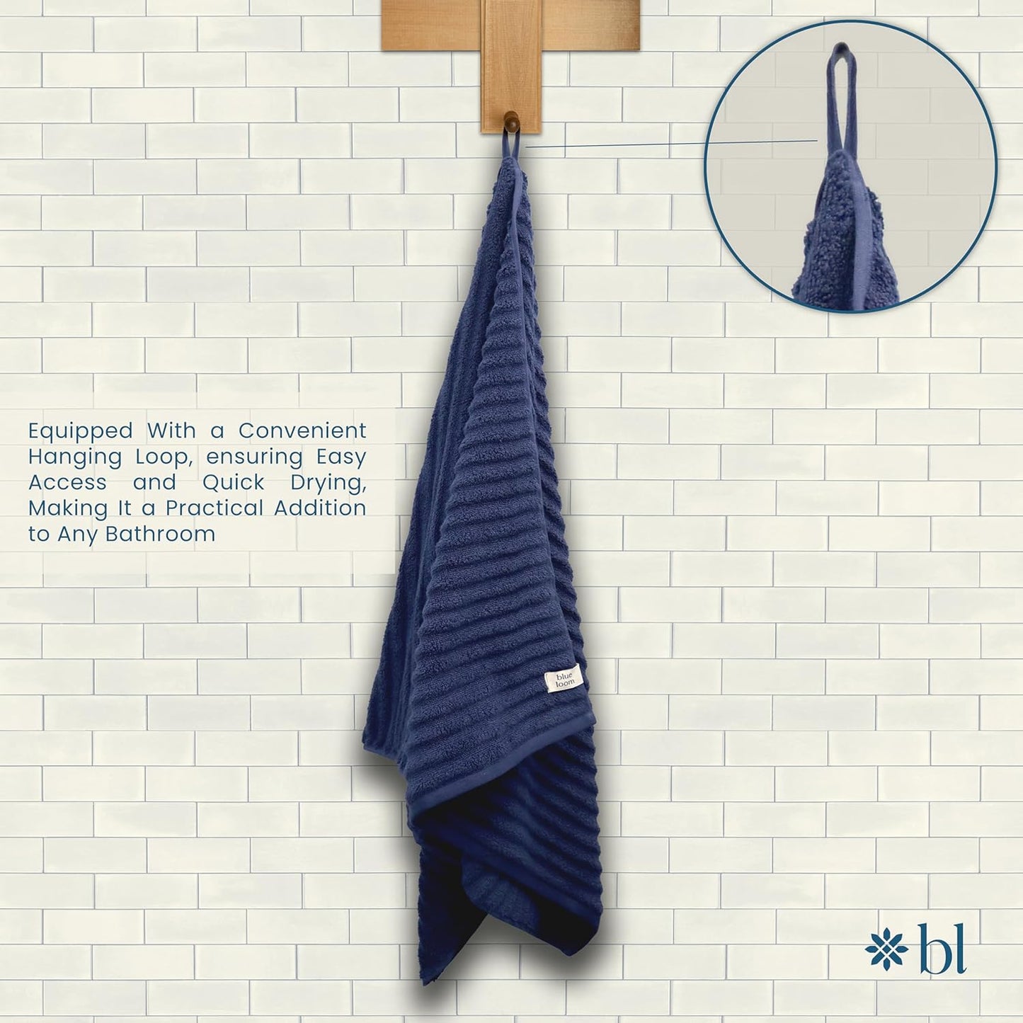 Blue Loom Ribbed Bath Towels Set, 100% Cotton 600 GSM, Soft Absorbent Durable Quick Drying 2 Bath Towels for Bathroom - Mason Set of 2 Navy (58" x 30" Inch)