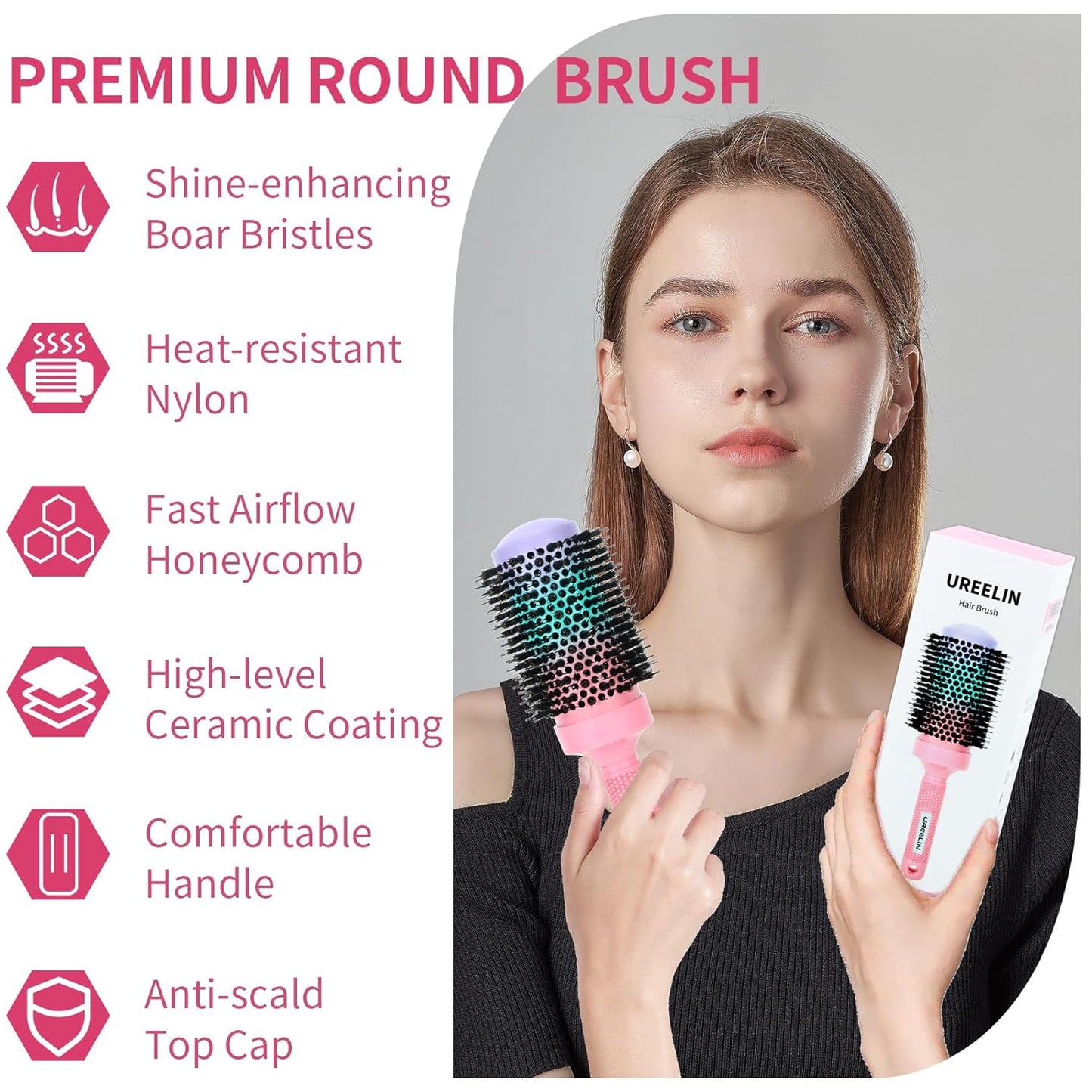 Round Brush for Blow Out - 2.1 Inch Large Nano Thermal Ceramic & Ionic with Boar Bristles - Salon Blow Drying Hair Brush for Drying,Volumizing, Curling, Shine & Smooth Styling