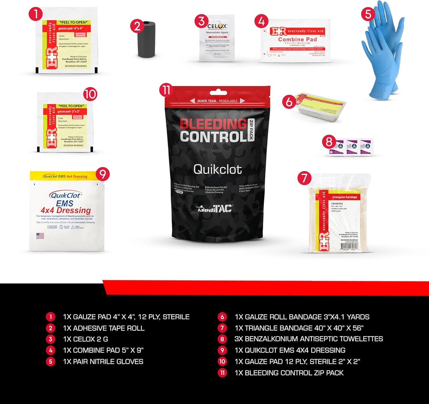 Bleeding Control Zip Pack with QuikClot, Celox, Gauze Pads, Triangular Bandage, BZK Wipes, Nitrile Gloves, Tape – Trauma First Aid Kit for Emergency Use