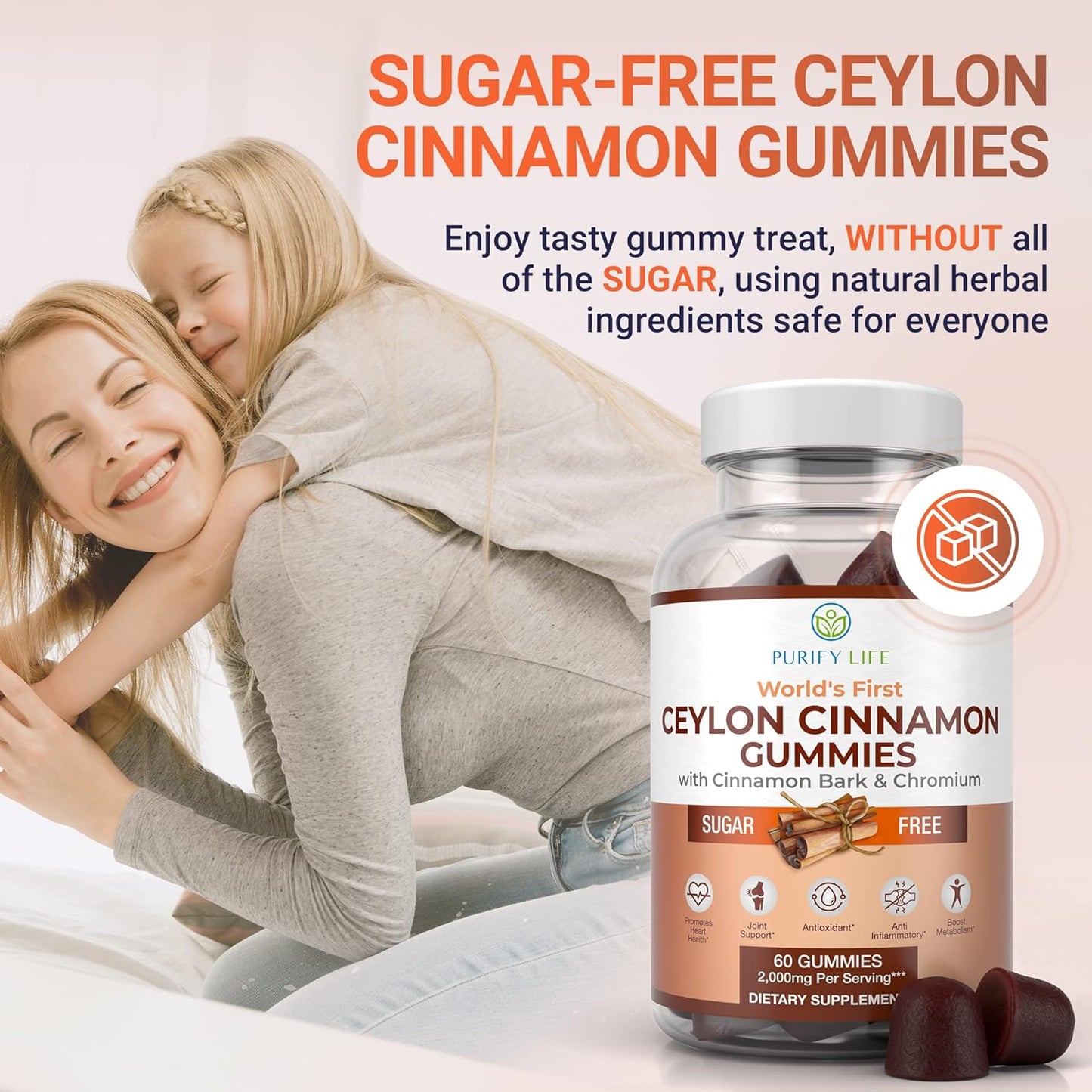 Purify Life Sugar-Free Ceylon Cinnamon Gummies (2,000mg/Serving) Ceylon Cinnamon Supplement for Brain Health, Vegan, Gluten-Free, Replace Ceylon Cinnamon Capsules, Pills, Powder, Extract (60 Chews)