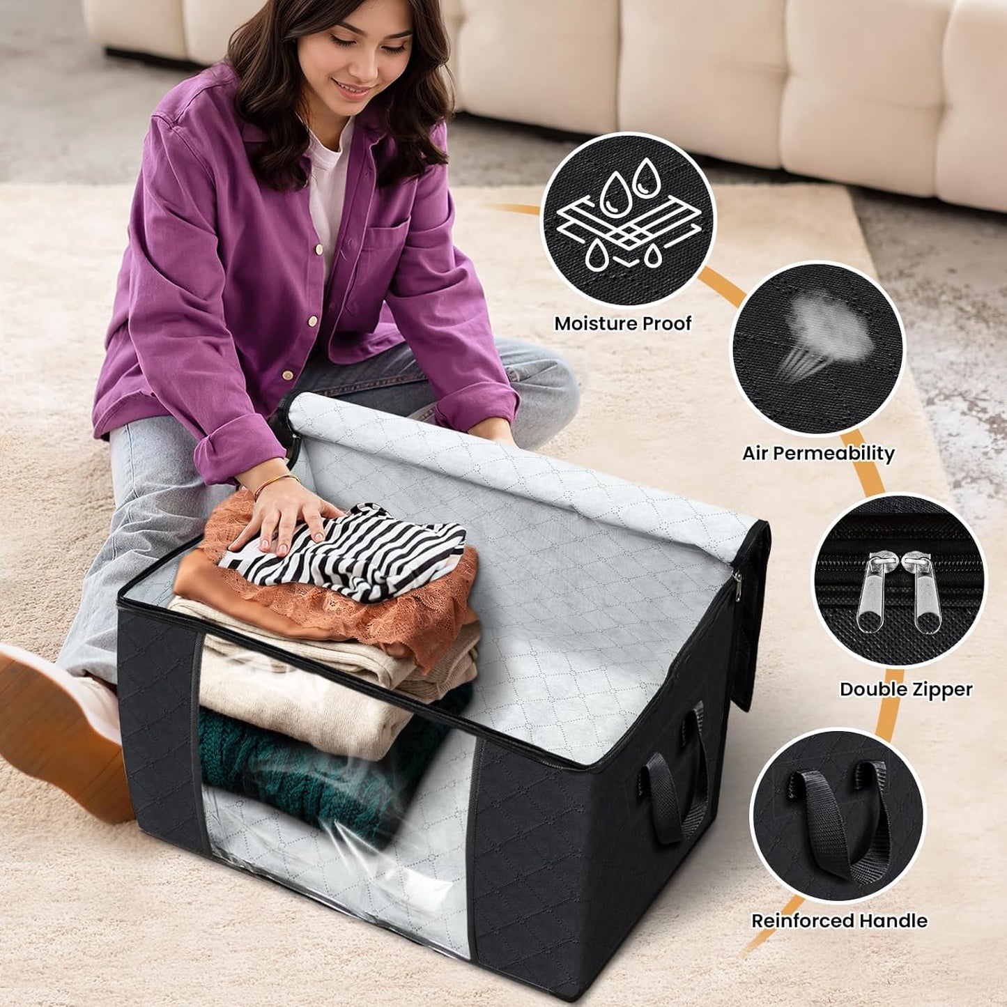 Fab totes 24 Gallons Clothes Storage, Foldable Thick Fabric Blanket Storage Bags, Containers for Organizing Bedroom, Closet, Clothing, Comforter, Organization with Handle (3 Pack,Black)