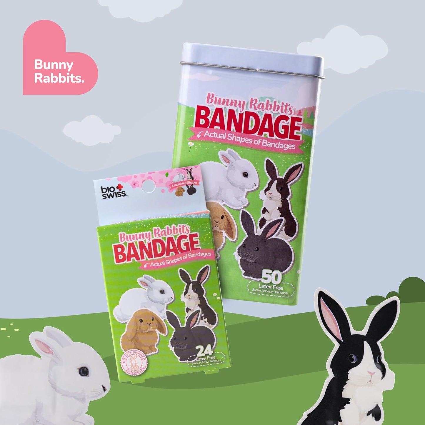 BioSwiss Kids Bandages, Bunny Rabbits Shaped Self Adhesive Bandage Set, Latex Free, Sterile Wound Care, 24 Count