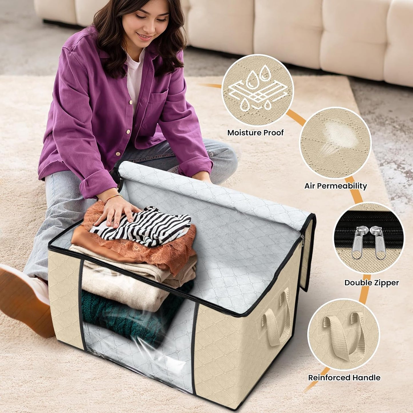 Fab totes 24 Gallons Clothes Storage, Foldable Thick Fabric Blanket Storage Bags, Containers for Organizing Bedroom, Closet, Clothing, Comforter, Organization with Handle (10 Pack,Beige)