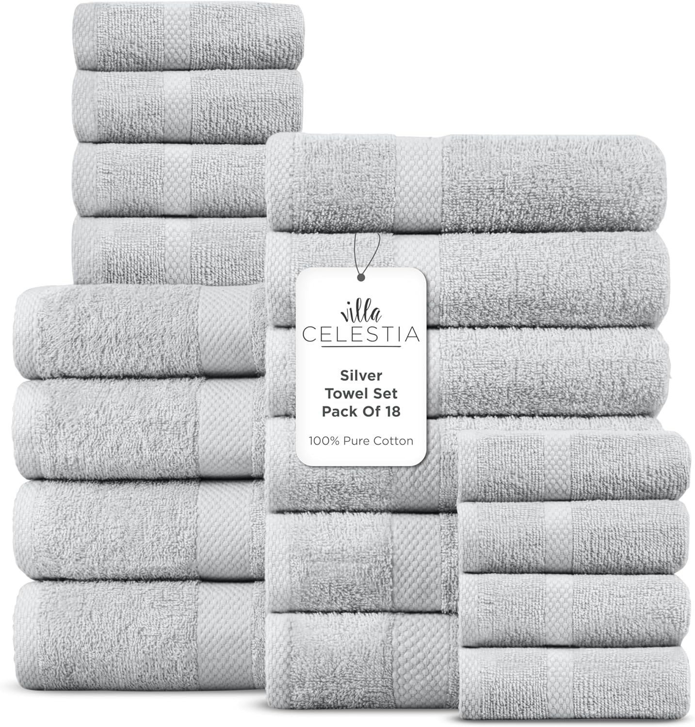 100% Cotton Bath Towel Set of 18-4 Bath Towels, 6 Hand Towels, 8 Wash Cloths, Sustainable, Soft, Highly Absorbent, Combed Cotton 18 Piece Set for Hotels, Spa, Bathroom, Dorm, Silver